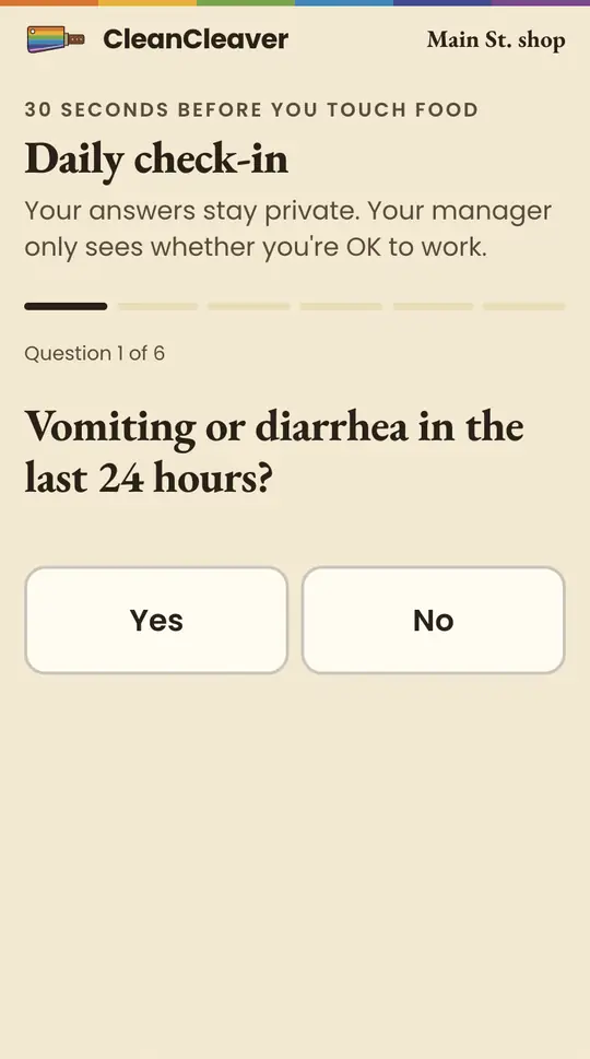 The app's daily check-in: your answers stay private; question 1 of 6.
