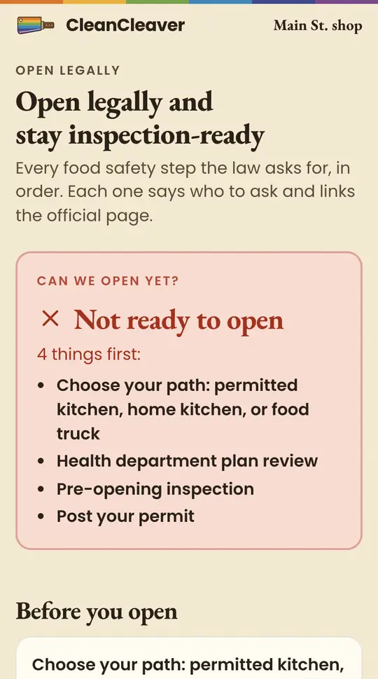 The app's Open legally screen: can we open yet, with the steps still to do.