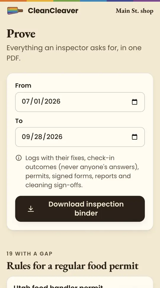 The app's Prove screen: your records, the way an inspector reads them, in one PDF, with a download button.